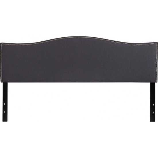 Lexington Upholstered King Size Headboard with Accent Nail Trim in Dark Gray Fabric