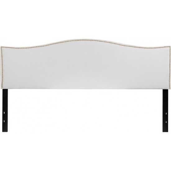 Lexington Upholstered King Size Headboard with Accent Nail Trim in White Fabric