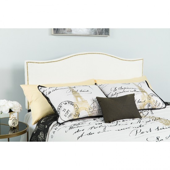 Lexington Upholstered King Size Headboard with Accent Nail Trim in White Fabric