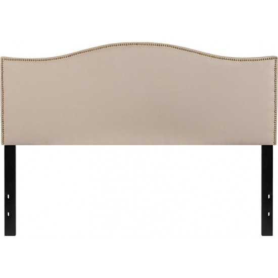 Lexington Upholstered Queen Size Headboard with Accent Nail Trim in Beige Fabric