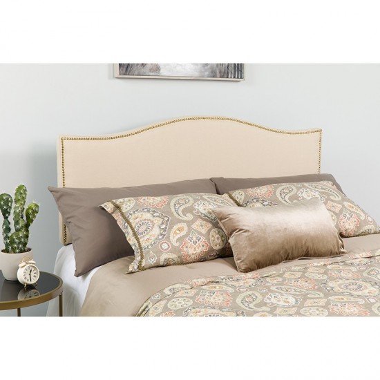 Lexington Upholstered Queen Size Headboard with Accent Nail Trim in Beige Fabric