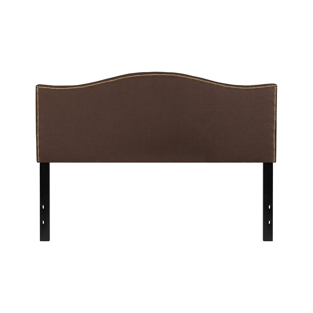 Lexington Upholstered Queen Size Headboard with Accent Nail Trim in Dark Brown Fabric