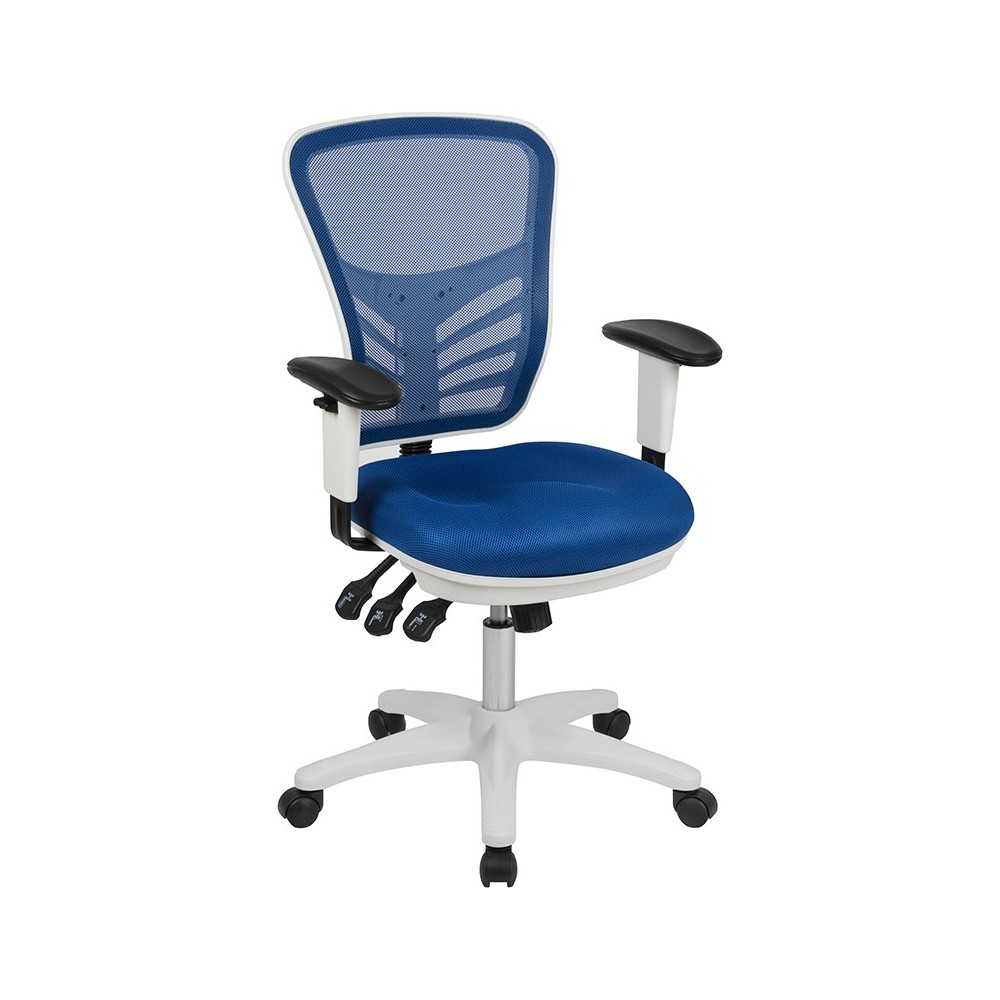 Mid-Back Blue Mesh Multifunction Executive Swivel Ergonomic Office Chair with Adjustable Arms and White Frame