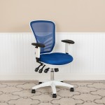 Mid-Back Blue Mesh Multifunction Executive Swivel Ergonomic Office Chair with Adjustable Arms and White Frame