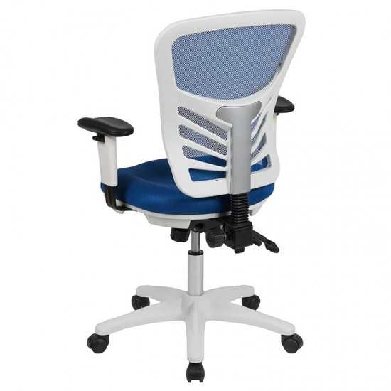 Mid-Back Blue Mesh Multifunction Executive Swivel Ergonomic Office Chair with Adjustable Arms and White Frame