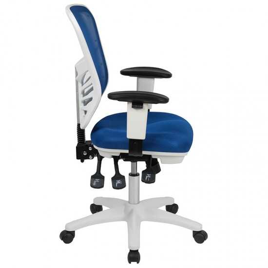 Mid-Back Blue Mesh Multifunction Executive Swivel Ergonomic Office Chair with Adjustable Arms and White Frame