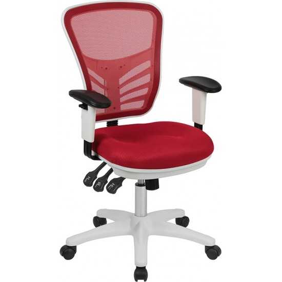 Mid-Back Red Mesh Multifunction Executive Swivel Ergonomic Office Chair with Adjustable Arms and White Frame