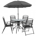 Nantucket 6 Piece Black Patio Garden Set with Table, Umbrella and 4 Folding Chairs