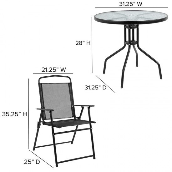 Nantucket 6 Piece Black Patio Garden Set with Table, Umbrella and 4 Folding Chairs