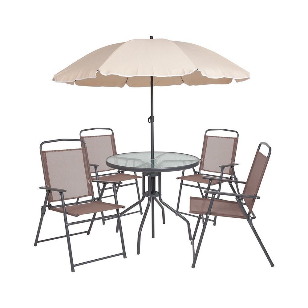 Nantucket 6 Piece Brown Patio Garden Set with Table, Tan Umbrella and 4 Folding Chairs
