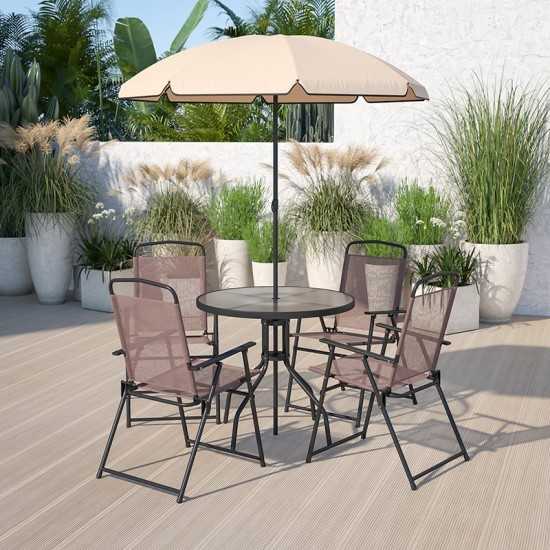 Nantucket 6 Piece Brown Patio Garden Set with Table, Tan Umbrella and 4 Folding Chairs