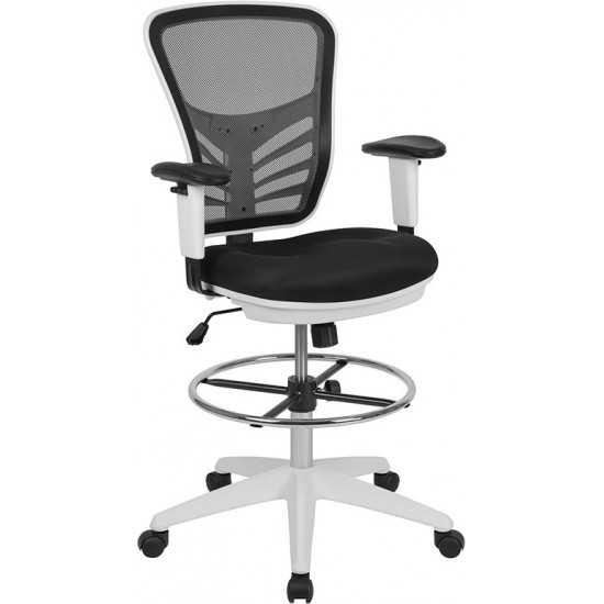 Mid-Back Black Mesh Ergonomic Drafting Chair with Adjustable Chrome Foot Ring, Adjustable Arms and White Frame