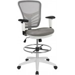 Mid-Back Light Gray Mesh Ergonomic Drafting Chair with Adjustable Chrome Foot Ring, Adjustable Arms and White Frame