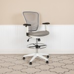 Mid-Back Light Gray Mesh Ergonomic Drafting Chair with Adjustable Chrome Foot Ring, Adjustable Arms and White Frame