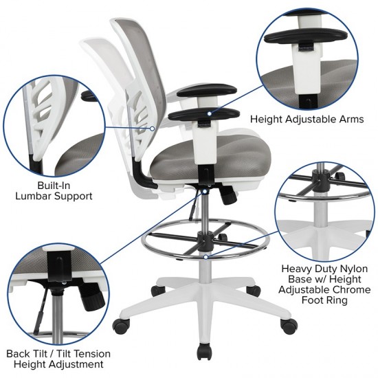 Mid-Back Light Gray Mesh Ergonomic Drafting Chair with Adjustable Chrome Foot Ring, Adjustable Arms and White Frame