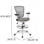 Mid-Back Light Gray Mesh Ergonomic Drafting Chair with Adjustable Chrome Foot Ring, Adjustable Arms and White Frame