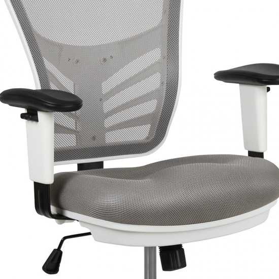 Mid-Back Light Gray Mesh Ergonomic Drafting Chair with Adjustable Chrome Foot Ring, Adjustable Arms and White Frame