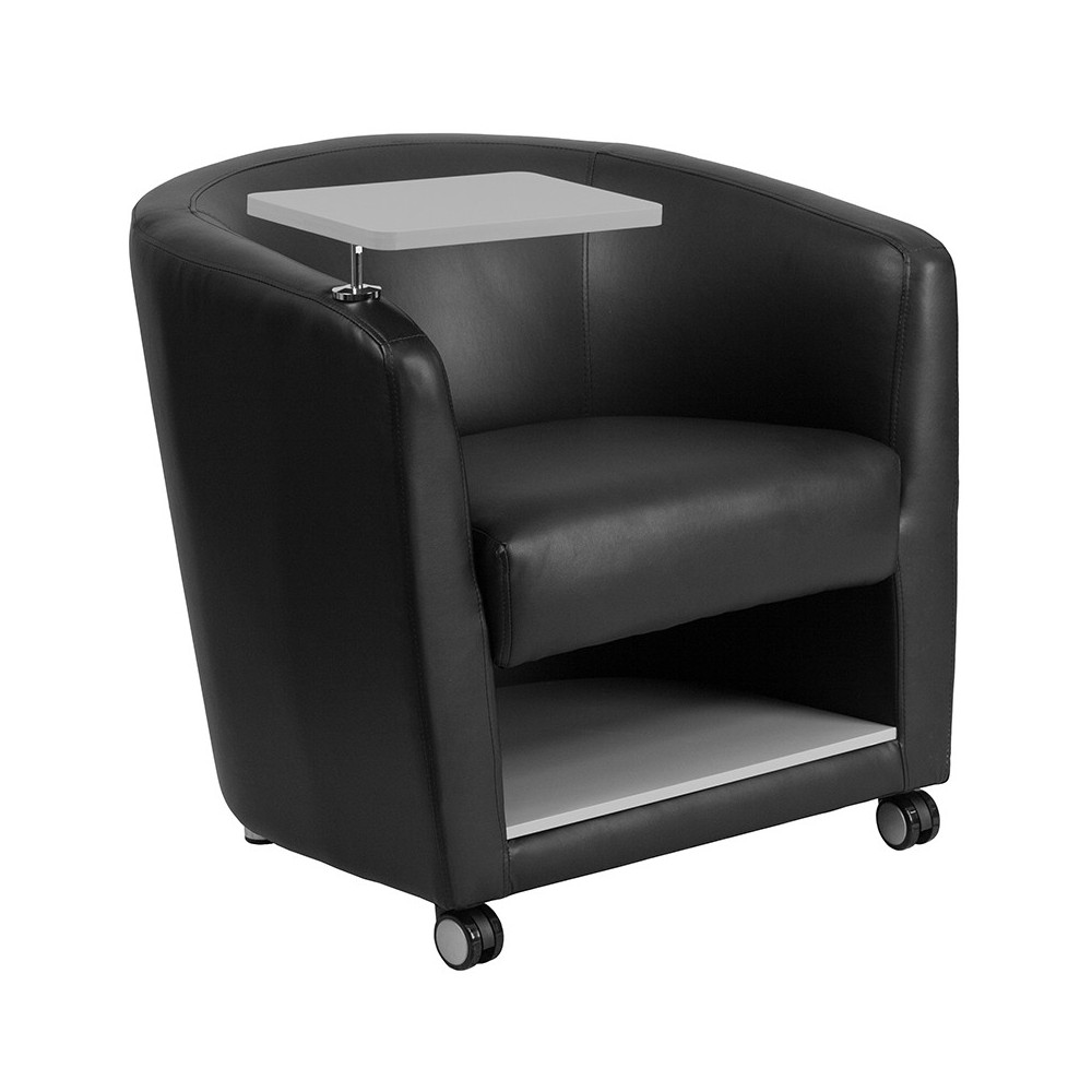 Black LeatherSoft Guest Chair with Tablet Arm, Front Wheel Casters and Under Seat Storage