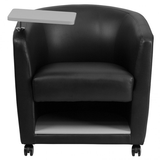 Black LeatherSoft Guest Chair with Tablet Arm, Front Wheel Casters and Under Seat Storage