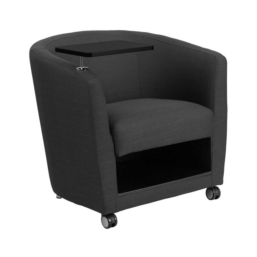 Charcoal Gray Fabric Guest Chair with Tablet Arm, Front Wheel Casters and Under Seat Storage