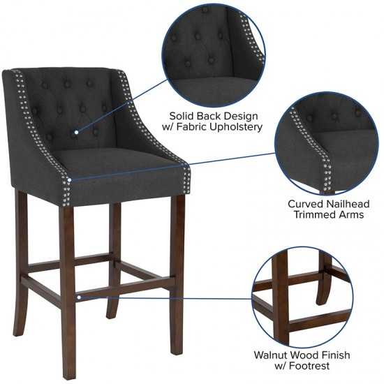 Carmel Series 30" High Transitional Tufted Walnut Barstool with Accent Nail Trim in Charcoal Fabric