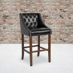 Carmel Series 30" High Transitional Tufted Walnut Barstool with Accent Nail Trim in Black LeatherSoft