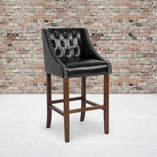 Carmel Series 30" High Transitional Tufted Walnut Barstool with Accent Nail Trim in Black LeatherSoft