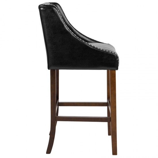 Carmel Series 30" High Transitional Tufted Walnut Barstool with Accent Nail Trim in Black LeatherSoft