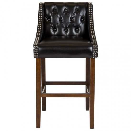 Carmel Series 30" High Transitional Tufted Walnut Barstool with Accent Nail Trim in Black LeatherSoft