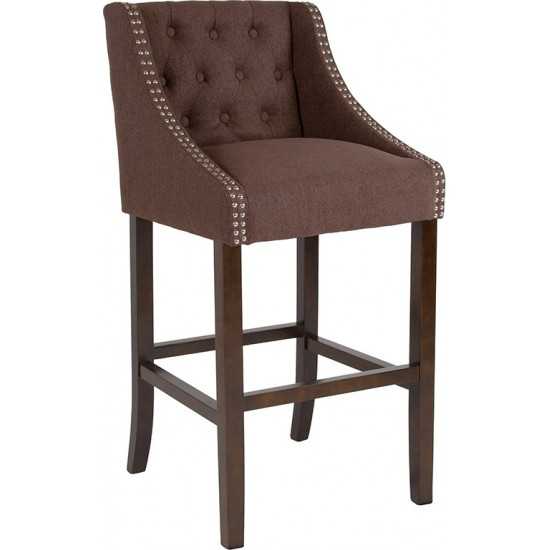 Carmel Series 30" High Transitional Tufted Walnut Barstool with Accent Nail Trim in Brown Fabric