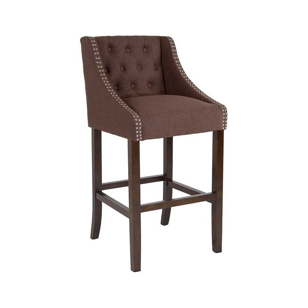Carmel Series 30" High Transitional Tufted Walnut Barstool with Accent Nail Trim in Brown Fabric Carmel Series 30" High Transitional Tufted Walnut Barstool with Accent Nail Trim in Brown Fabric