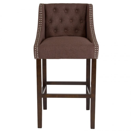 Carmel Series 30" High Transitional Tufted Walnut Barstool with Accent Nail Trim in Brown Fabric