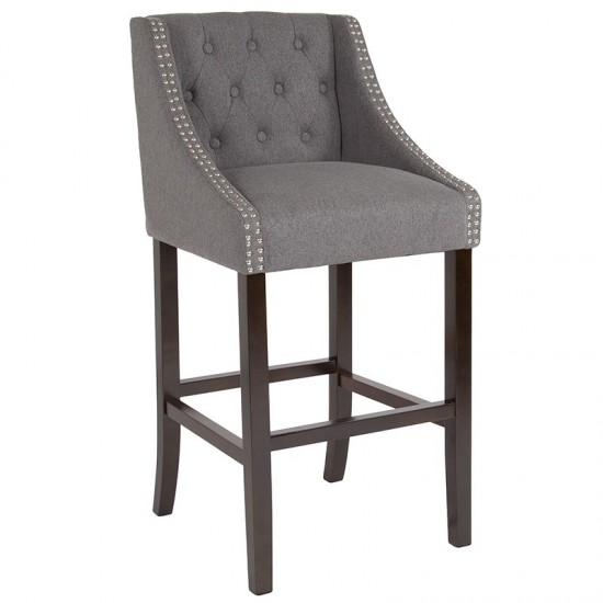 Carmel Series 30" High Transitional Tufted Walnut Barstool with Accent Nail Trim in Dark Gray Fabric