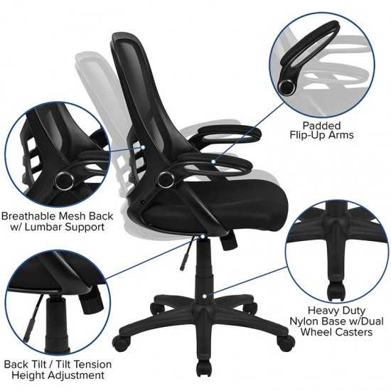 High Back Black Mesh Ergonomic Swivel Office Chair with Black Frame and Flip-up Arms