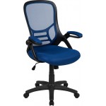 High Back Blue Mesh Ergonomic Swivel Office Chair with Black Frame and Flip-up Arms