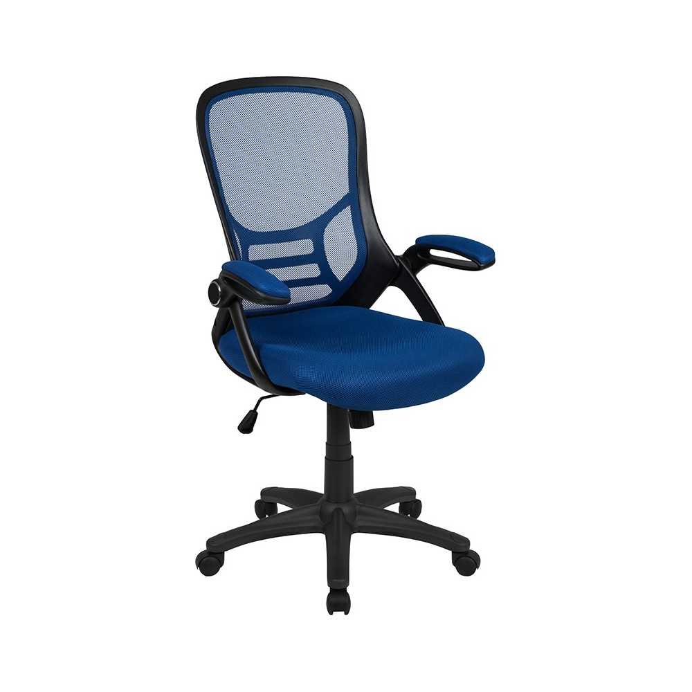 High Back Blue Mesh Ergonomic Swivel Office Chair with Black Frame and Flip-up Arms