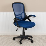 High Back Blue Mesh Ergonomic Swivel Office Chair with Black Frame and Flip-up Arms