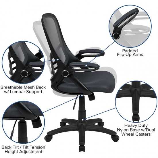 High Back Dark Gray Mesh Ergonomic Swivel Office Chair with Black Frame and Flip-up Arms