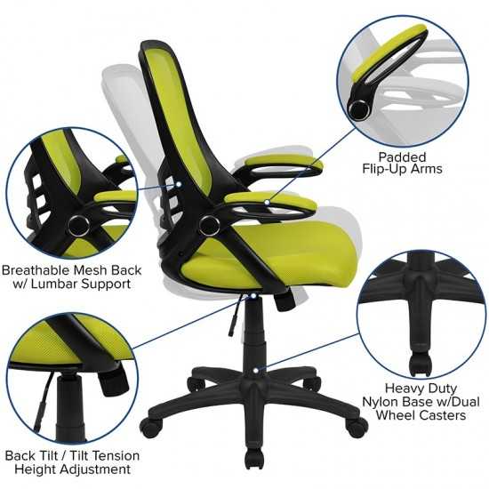 High Back Green Mesh Ergonomic Swivel Office Chair with Black Frame and Flip-up Arms