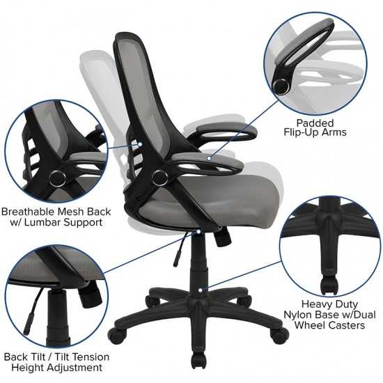 High Back Light Gray Mesh Ergonomic Swivel Office Chair with Black Frame and Flip-up Arms