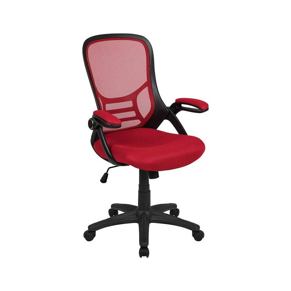 High Back Red Mesh Ergonomic Swivel Office Chair with Black Frame and Flip-up Arms