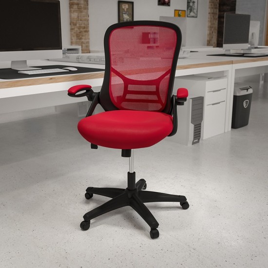 High Back Red Mesh Ergonomic Swivel Office Chair with Black Frame and Flip-up Arms