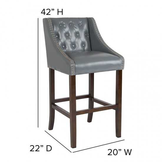 Carmel Series 30" High Transitional Tufted Walnut Barstool with Accent Nail Trim in Light Gray LeatherSoft