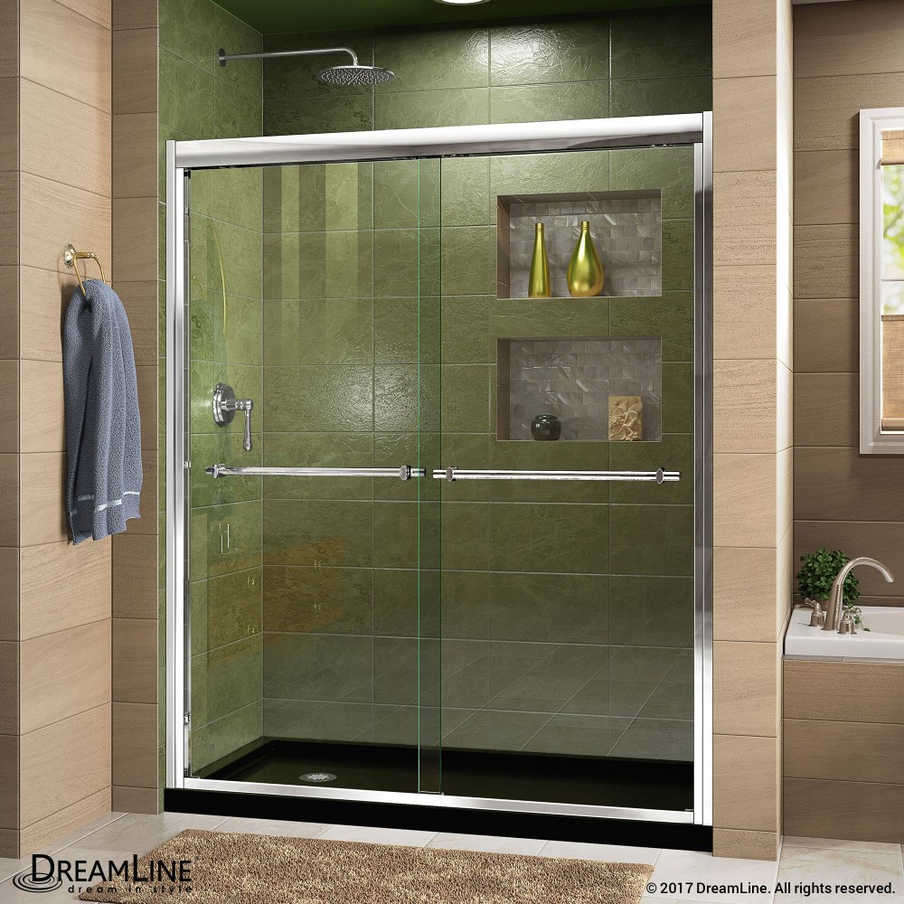 Duet 32 in. D x 60 in. W x 74 3/4 in. H Semi-Frameless Bypass Shower Door in Chrome and Left Drain Black Base