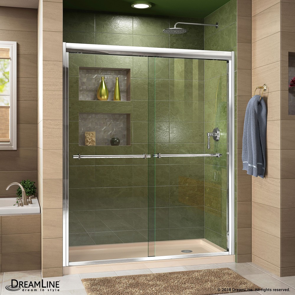 Duet 32 in. D x 60 in. W x 74 3/4 in. H Semi-Frameless Bypass Shower Door in Chrome and Right Drain Biscuit Base