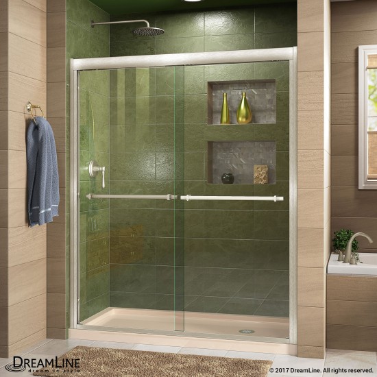 Duet 32 in. D x 60 in. W x 74 3/4 in. H Semi-Frameless Bypass Shower Door in Brushed Nickel and Right Drain Biscuit Base