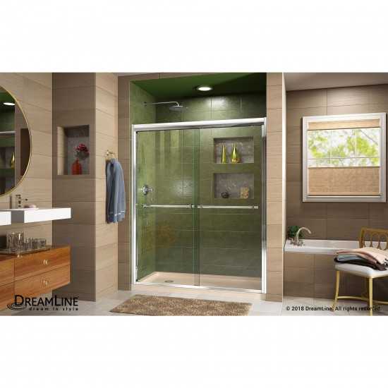 Duet 34 in. D x 60 in. W x 74 3/4 in. H Semi-Frameless Bypass Shower Door in Chrome and Left Drain Biscuit Base