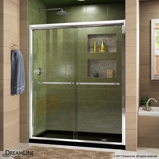 Duet 34 in. D x 60 in. W x 74 3/4 in. H Semi-Frameless Bypass Shower Door in Chrome and Right Drain Black Base