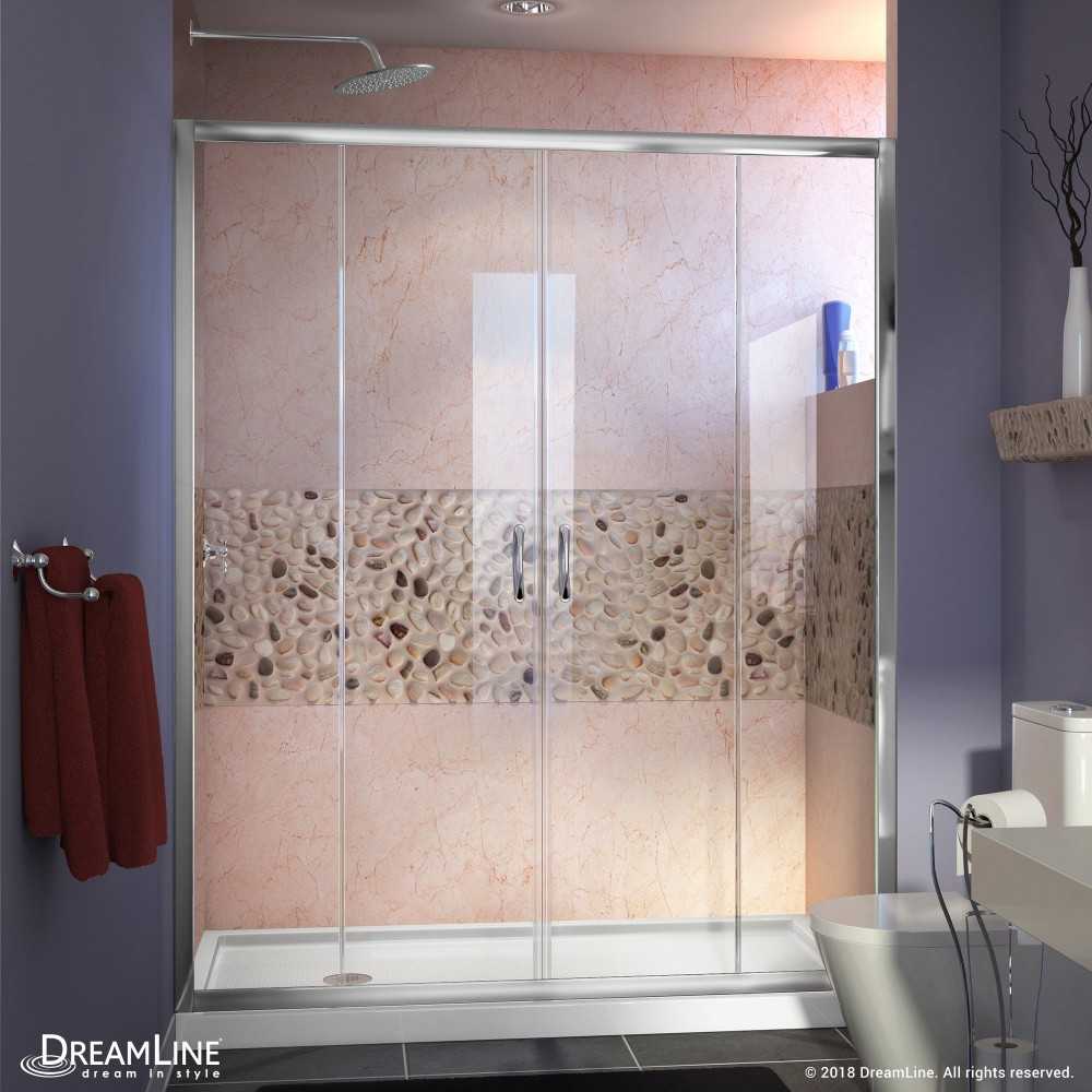 Visions 30 in. D x 60 in. W x 74 3/4 in. H Sliding Shower Door in Chrome with Left Drain White Shower Base