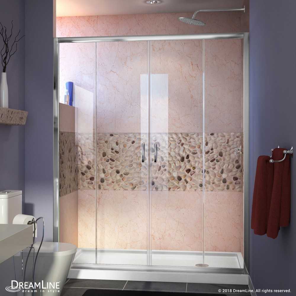 Visions 30 in. D x 60 in. W x 74 3/4 in. H Sliding Shower Door in Chrome with Right Drain White Shower Base